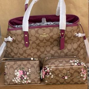 Coach Drastring Carryall Bag with Wristlet and Cosmetic bag (3 Piece)
